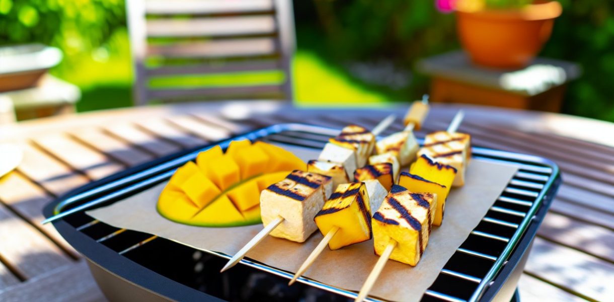 Des brochettes de tofu grillées sur un barbecue, avec des morceaux de mangue à côté, sur une table de jardin estivale.