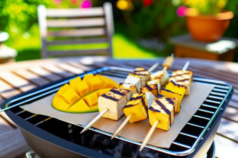 Des brochettes de tofu grillées sur un barbecue, avec des morceaux de mangue à côté, sur une table de jardin estivale.