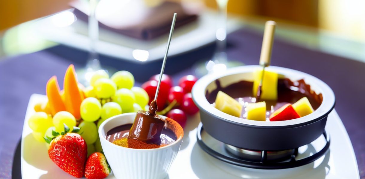 Une fondue au chocolat épicée, avec des fruits frais prêts à être trempés, sur une table joliment dressée.