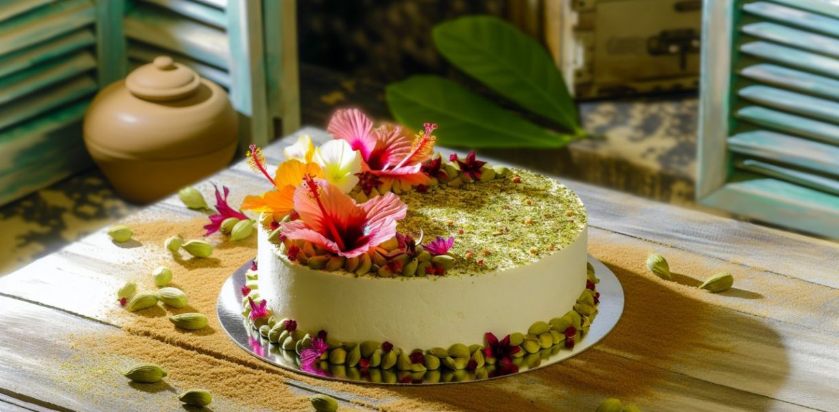 Un gâteau délicat décoré de fleurs d'hibiscus et de graines de cardamome posé sur une table rustique.