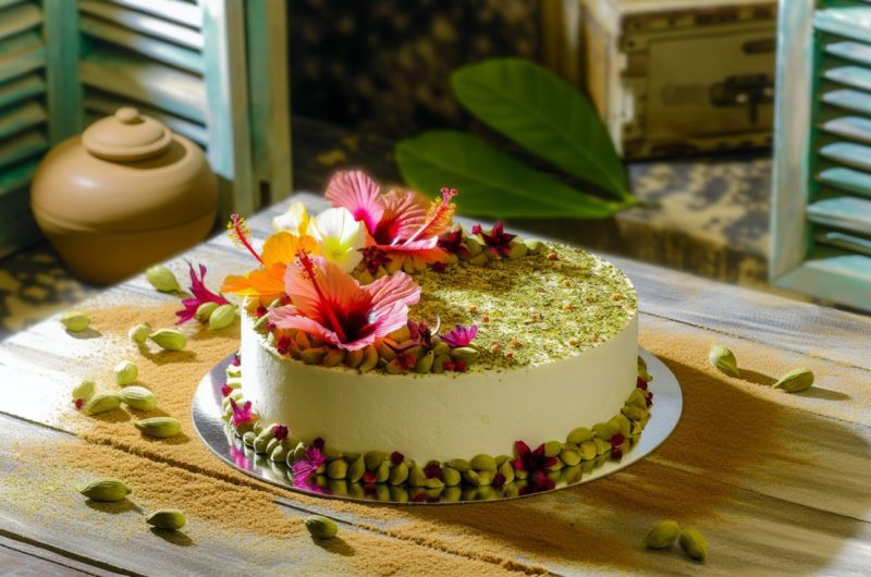Un gâteau délicat décoré de fleurs d'hibiscus et de graines de cardamome posé sur une table rustique.