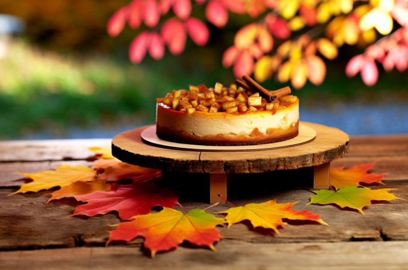 Un gâteau au fromage à la pomme et à la cannelle sur une table rustique, entouré de feuilles d'automne colorées.