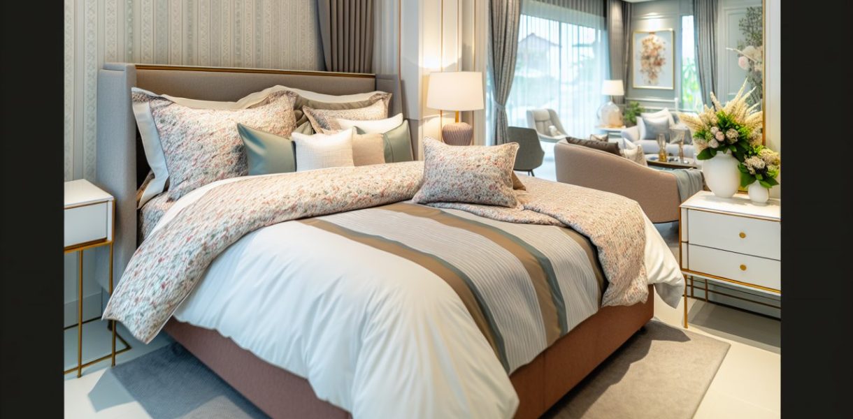 Un lit joliment fait avec des draps, des oreillers et une couverture qui correspondent parfaitement au style et à la couleur de la chambre, créant une atmosphère chaleureuse et accueillante.