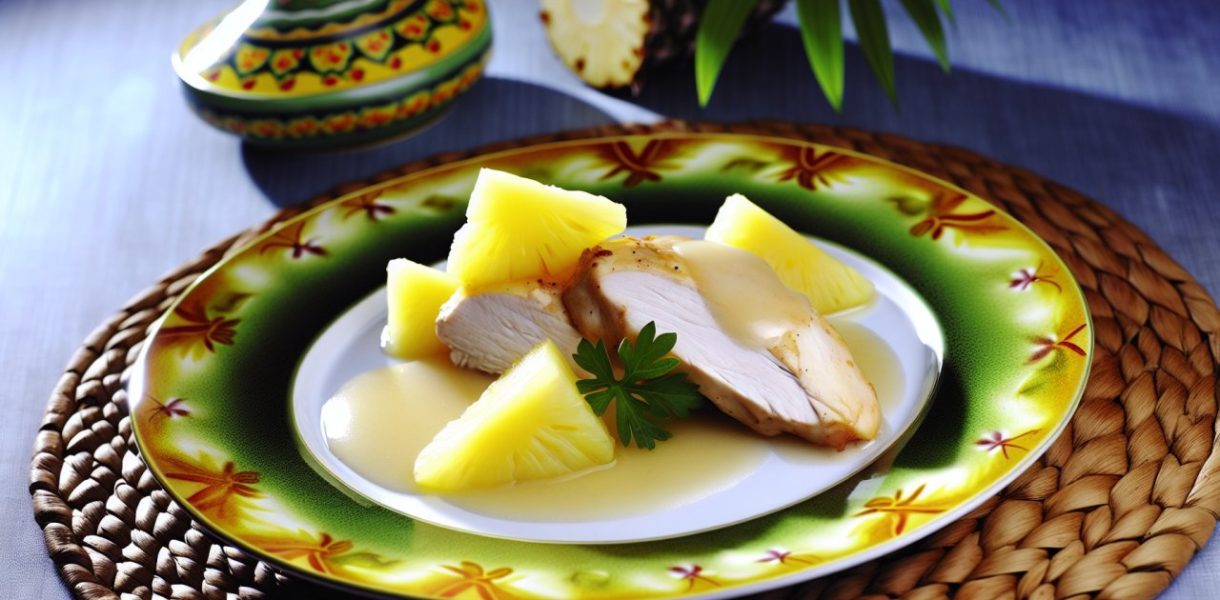 Un plat de poulet à la vanille garni de tranches d'ananas, servi dans une assiette exotique.