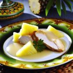 Un plat de poulet à la vanille garni de tranches d'ananas, servi dans une assiette exotique.