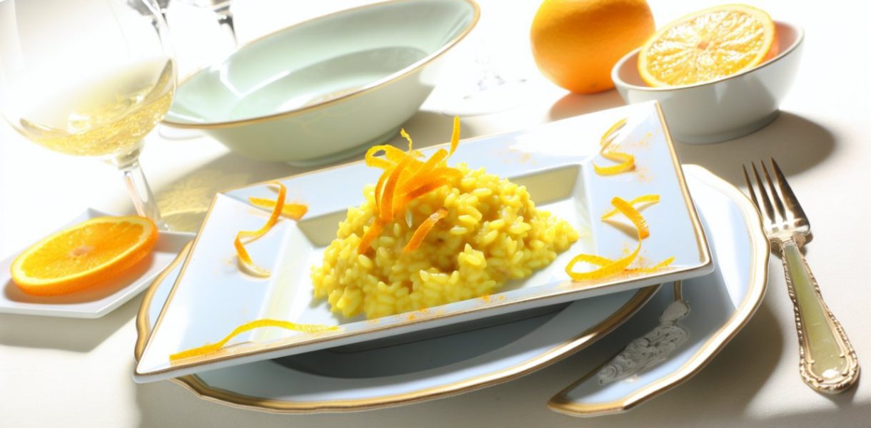 Un plat de risotto au safran garni de zestes d'agrumes, présenté de manière appétissante sur une table bien dressée.