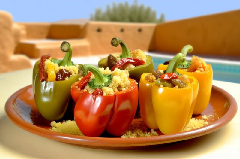 Des poivrons colorés farcis de couscous et de fruits secs, présentés sur une assiette en terre cuite, avec un arrière-plan méditerranéen.