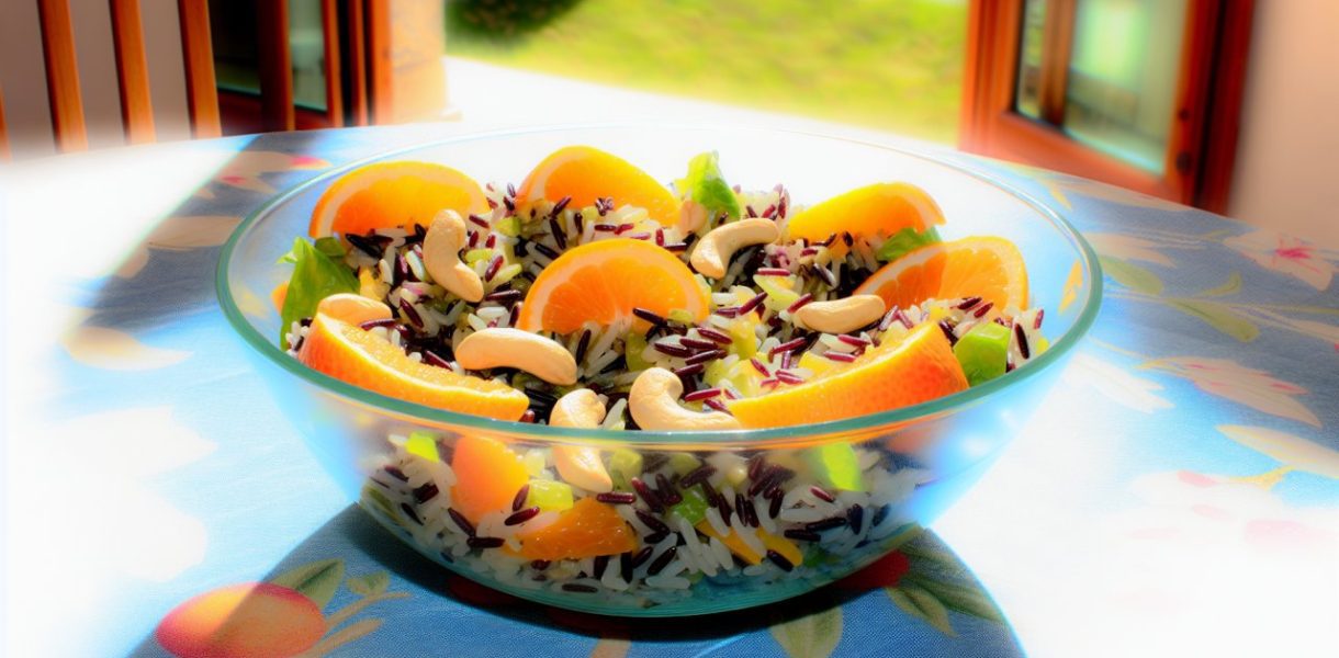 Une salade de riz sauvage colorée avec des tranches d'agrumes et des noix de cajou, présentée dans un bol en verre transparent.