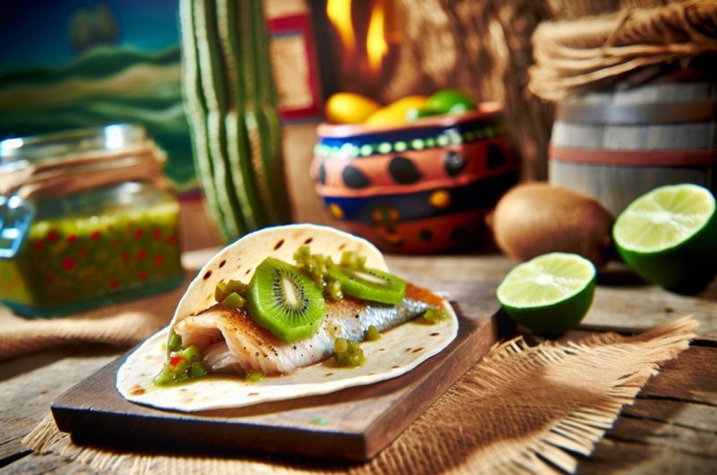 Un taco garni de poisson grillé et de salsa de kiwi, sur une table rustique avec des décorations mexicaines en arrière-plan.