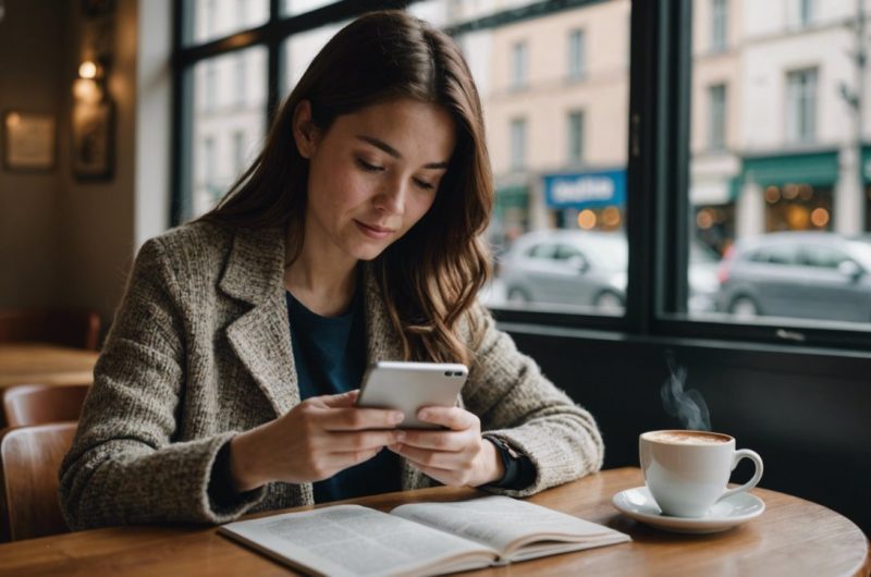Femme qui lis un article sur telephone
