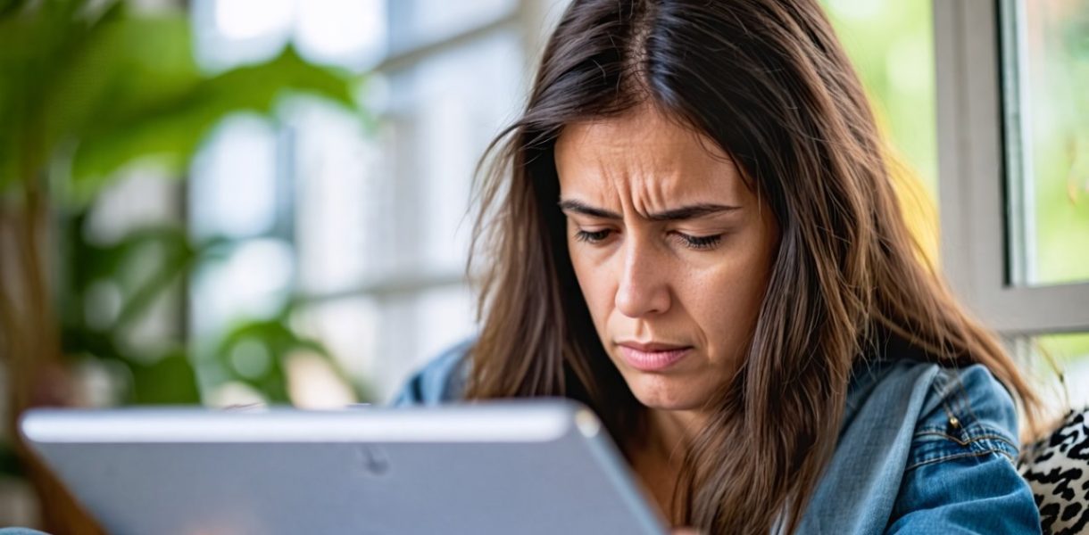 Femme énervée qui lis un article sur tablette