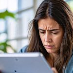 Femme énervée qui lis un article sur tablette