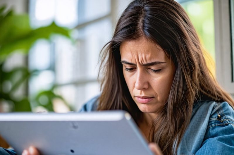 Femme énervée qui lis un article sur tablette