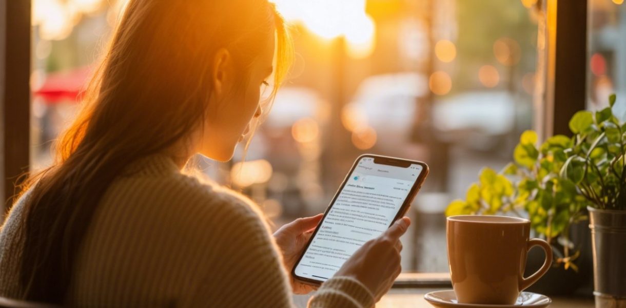 Femme qui lis un article sur telephone