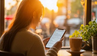 Femme qui lis un article sur telephone