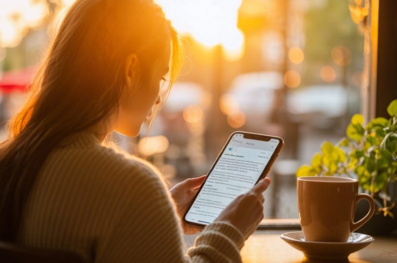 Femme qui lis un article sur telephone