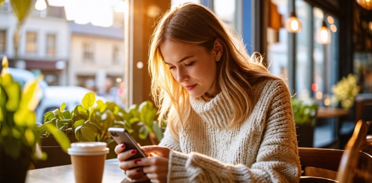 Femme qui lis un article sur telephone