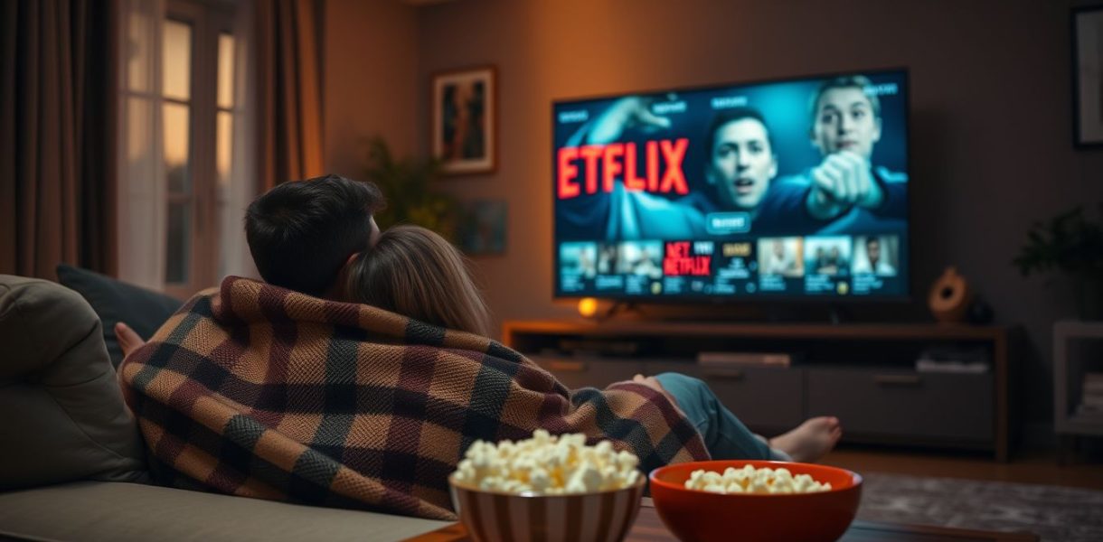 Couple dans un plaid devant un film Netflix