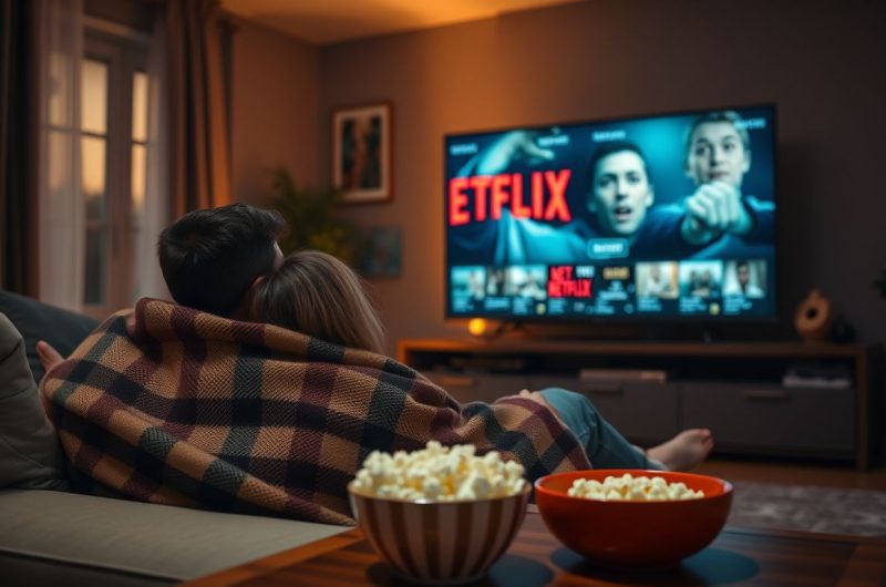 Couple dans un plaid devant un film Netflix