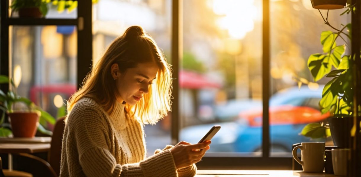 Femme qui lis un article sur telephone