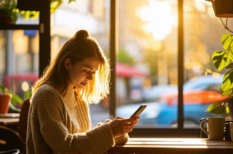 Femme qui lis un article sur telephone