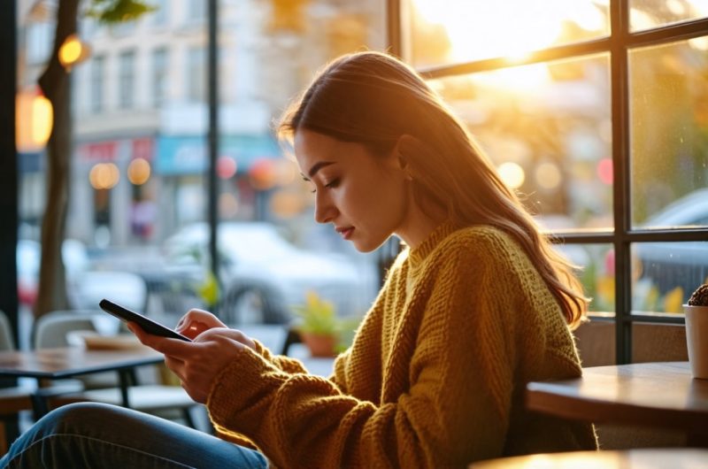 Femme qui lis un article sur telephone