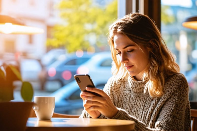 Femme qui lis un article sur telephone