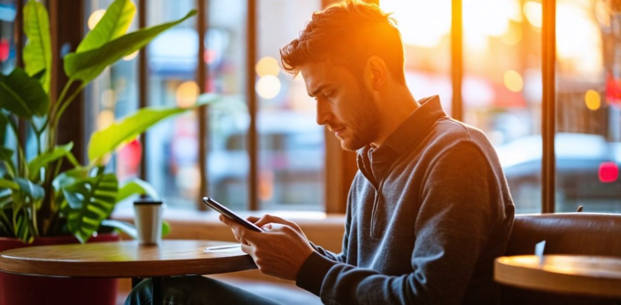 Homme qui lis un article sur telephone