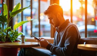 Homme qui lis un article sur telephone