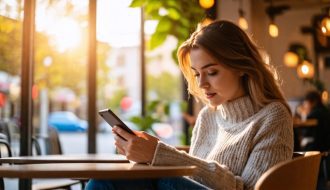 Femme qui lis un article sur telephone