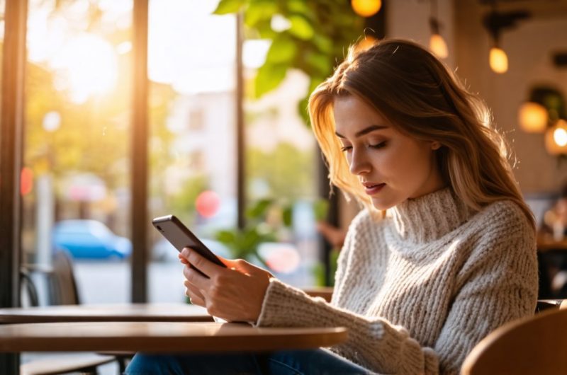 Femme qui lis un article sur telephone