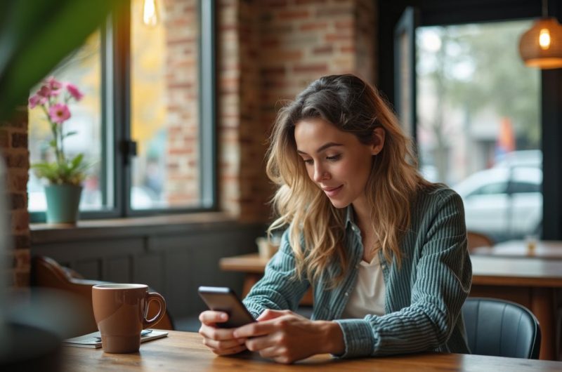 Femme qui lis un article sur telephone