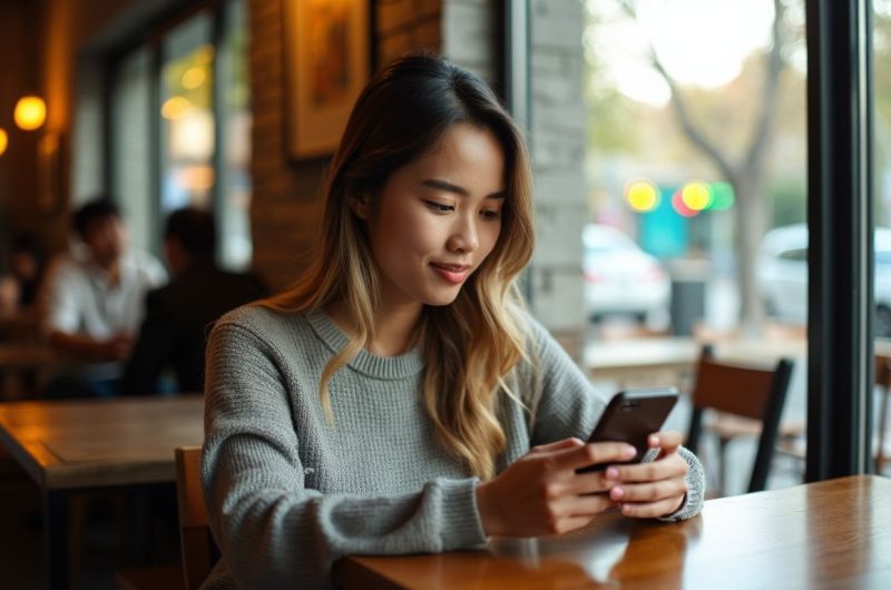 Femme qui lis un article sur telephone