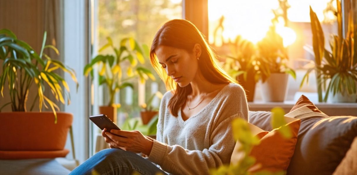 Femme qui lis un article sur telephone