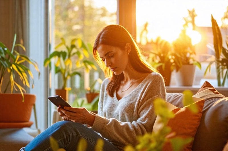 Femme qui lis un article sur telephone