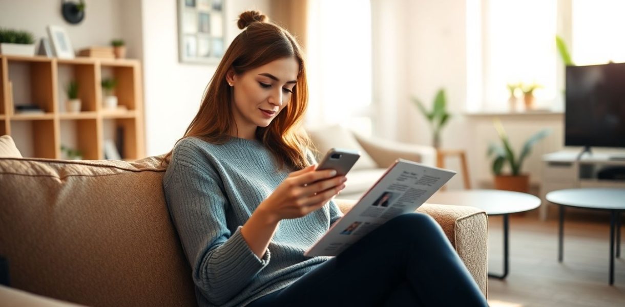 Femme qui lis un article sur telephone