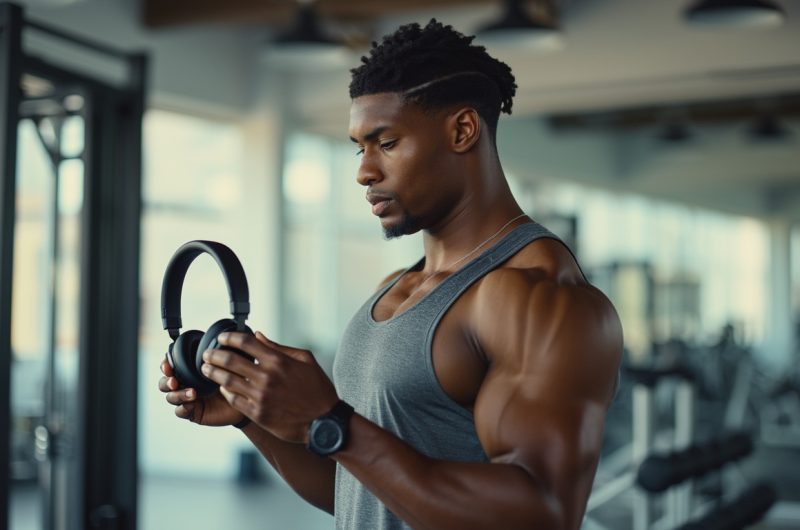 un sportif regarde son casque audio