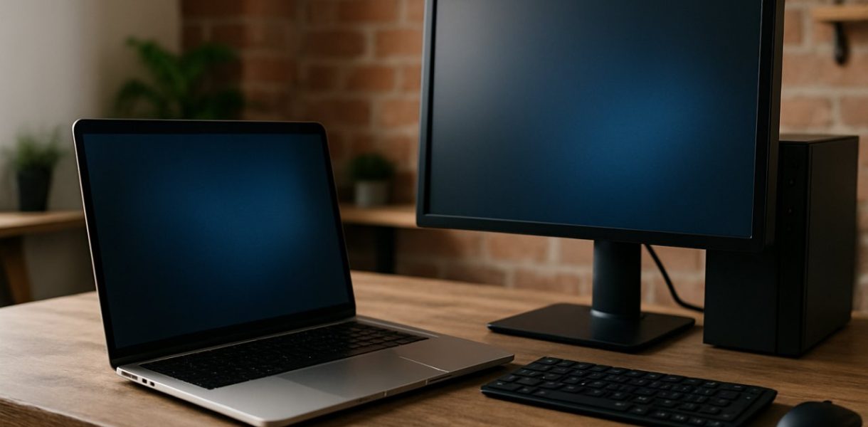 un pc portable à coté d'un ordinateur de bureau